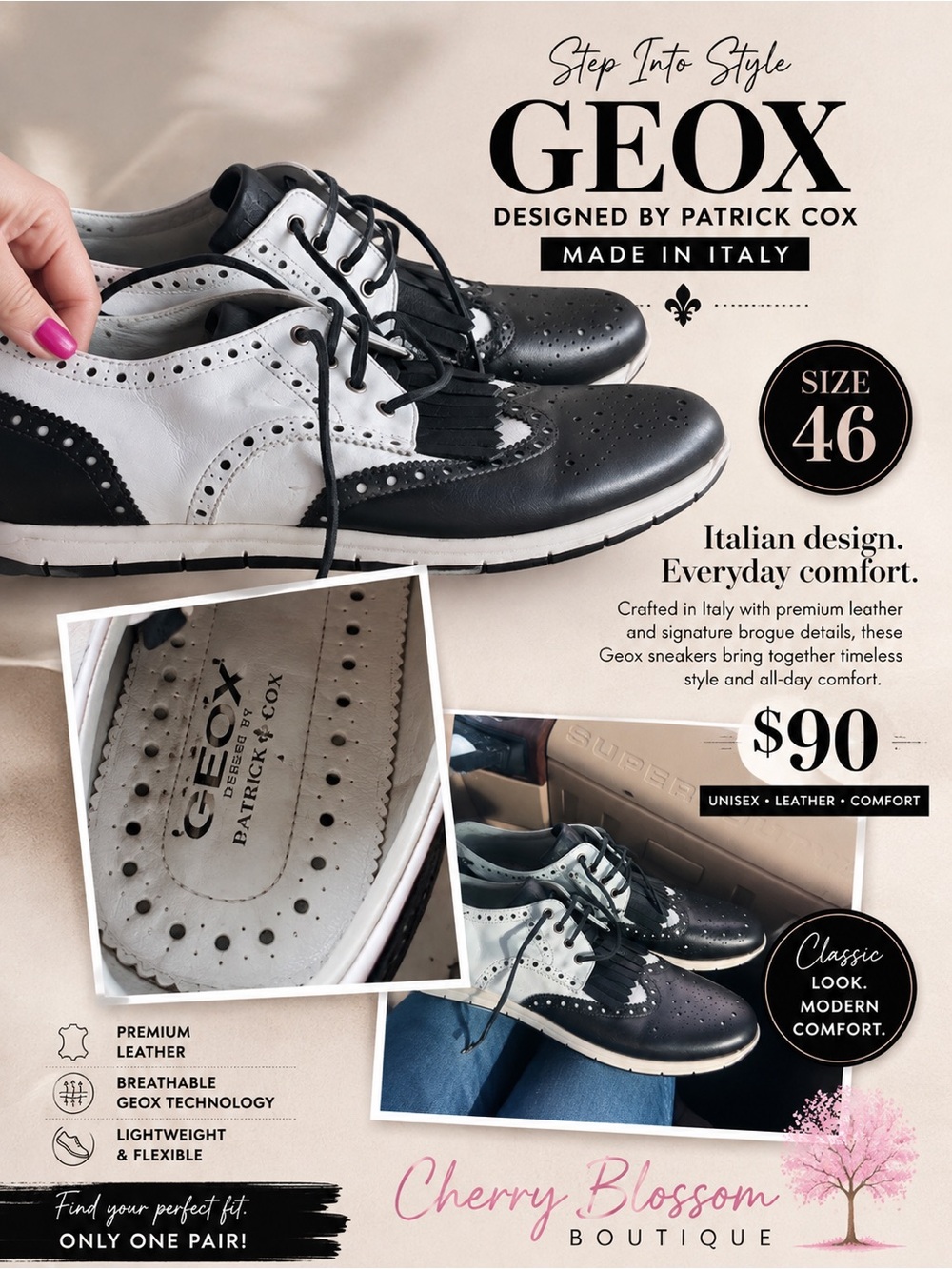 Geox men’s  Black and White Wingtip Sneaker